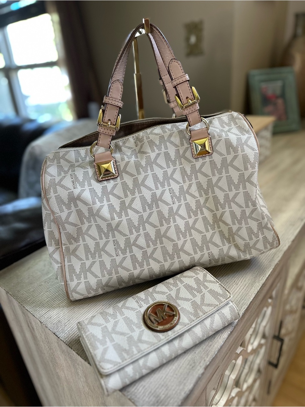 Authentic Michael Kors Taupe Logo Satchel with Matching Wallet
